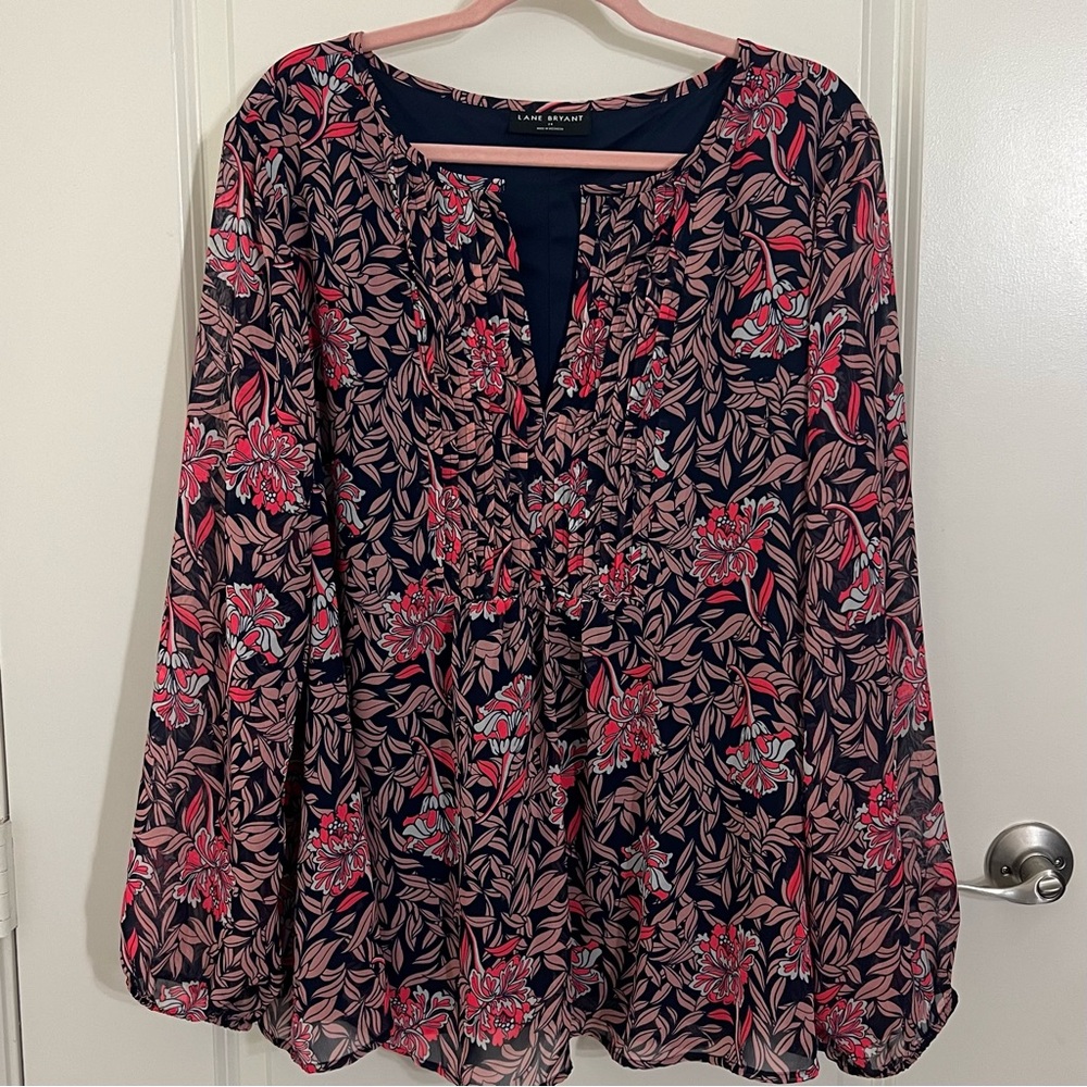 Lane Bryant Navy and Coral Floral Blouse